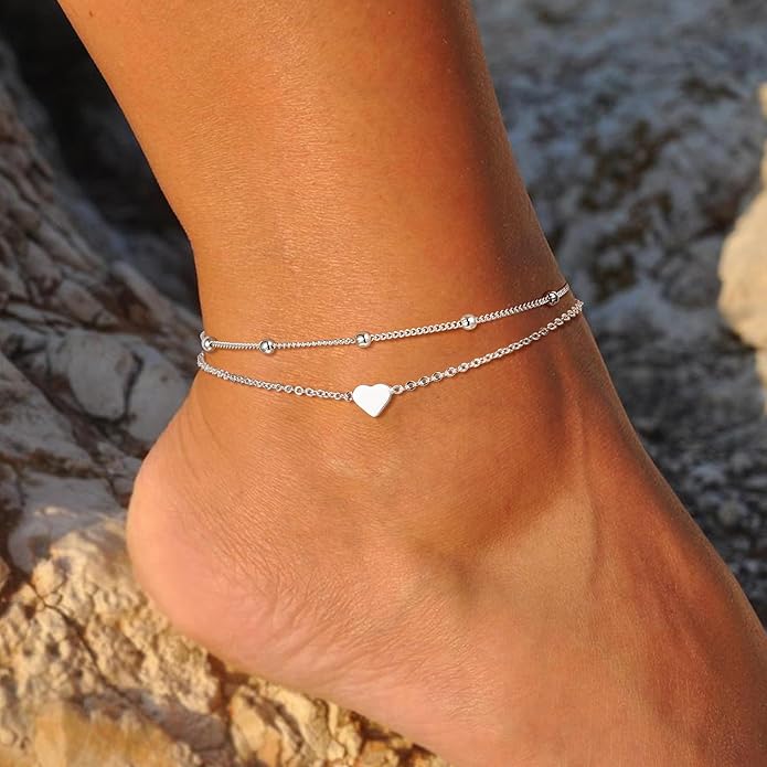 Ritach Ankle Bracelets for Women - Stainless Steel Silver/Gold Anklets for Women Waterproof Layered Cuban Link Figaro Chain Heart Anklets Set Summer Beach Jewelry Gifts