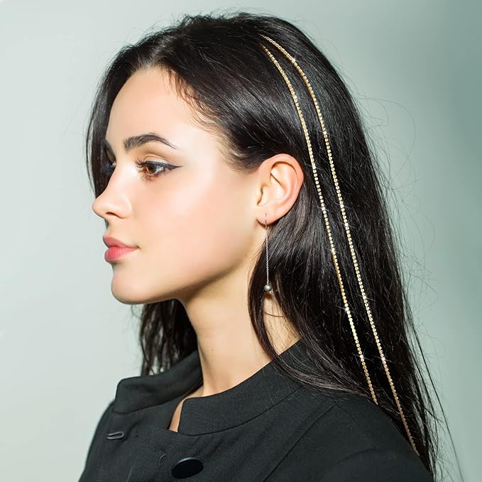 Chunyin 6 Pcs Rhinestone Hair Chains for Women Pearl Charm Rhinestone Hair Jewelry Accessories Crystal Extensions Clips Silver Gold Pins for Braids(Shiny Gold)