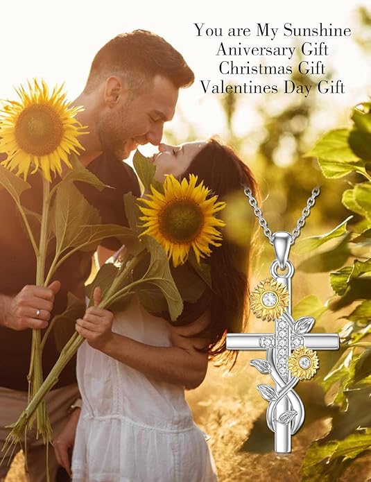 Sunflower Necklace for Women, 18K Gold Plated Silver Moissanite Sunflower Heart/Cross Pendant Necklace You are My Sunshine Gifts Sunflower Jewelry Birthday Christmas Mothers Day Gifts for Her Girlfriend Wife