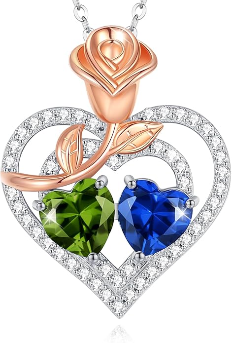 AGVANA Birthstone Necklace for Women Sterling Silver Rose Flower Heart Double Birthstone Jewelry Pendant Necklace Anniversary Birthday Gifts for Women Mom Wife Girlfriend Her