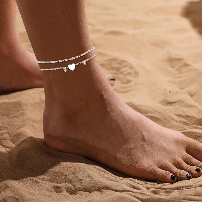 Ankle Bracelets for Women 14K Real Gold Silver Plated Ankle Bracelets Waterproof Heart Beads Rope Satellite Anklets Set Adjustable Layered Anklet Bracelets No Tarnish Summer Beach Jewelry Gift