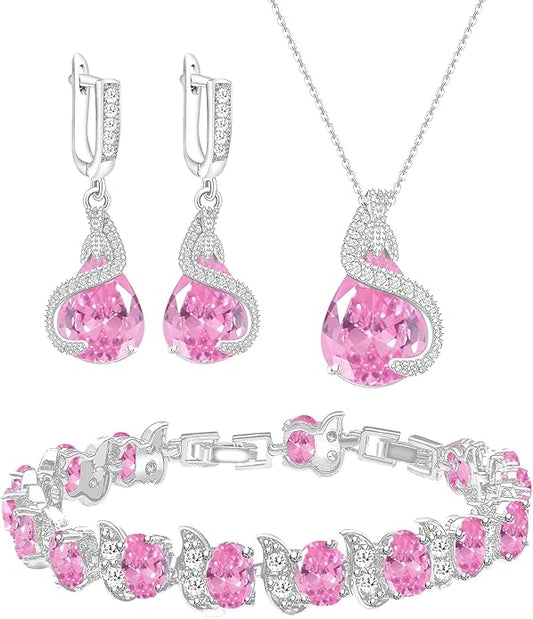 GZWHD Jewelry Set for Women Water Drop Cubic Zirconia Artificial Crystal Earrings Pendant Necklace Open Ring Tennis Bracelet Wedding Anniversary Birthday Engagement Gift for Bridesmaid Wife Girlfriend Friend