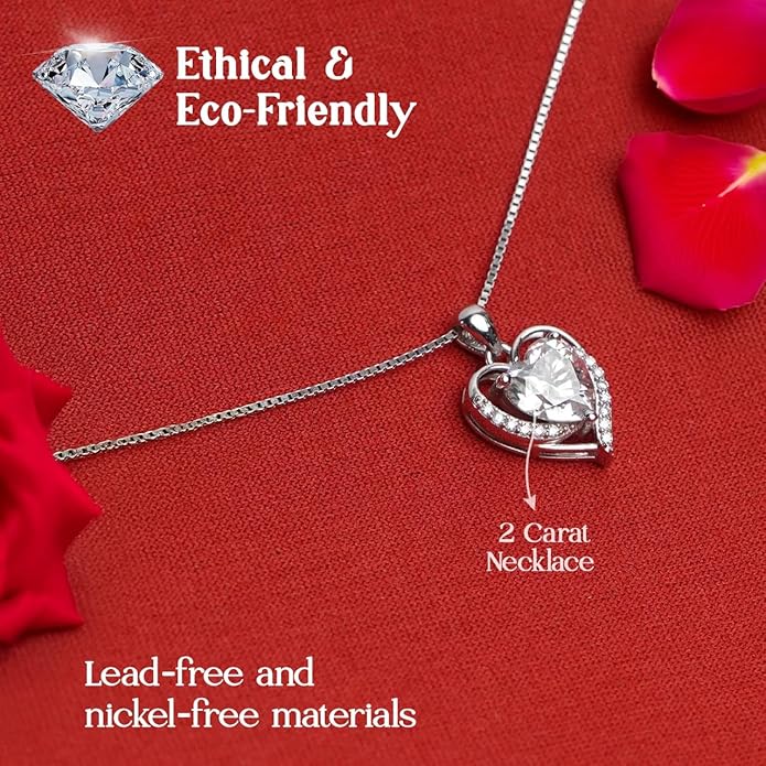 Moissanite Heart Pendant Necklace for Women, 2-Carat Real Sterling Silver Necklace Chain Engraved with 'I Love You' Ideal Anniversary or Christmas Gift for wife,Girlfriend & Mom - Heart Shaped Necklace Perfect Birthday Jewelry Gift