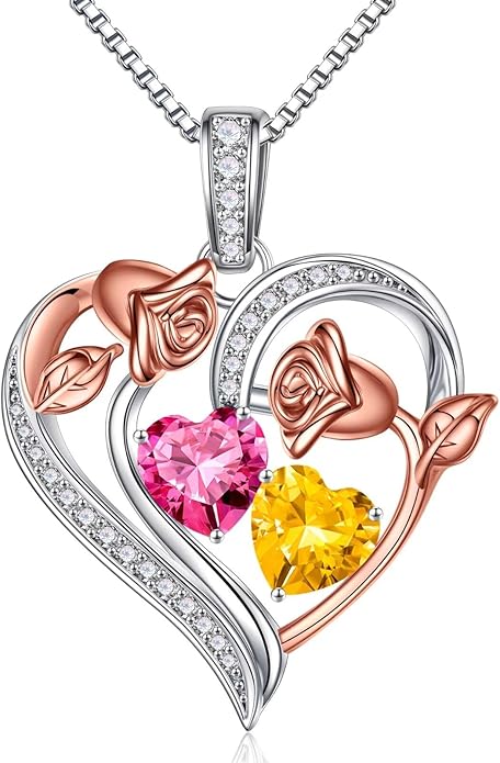 Iefil Birthstone Necklace for Women - 925 Sterling Silver Rose Heart Necklace, Birthstone Jewelry, Anniversary Birthday Gifts for Wife Girlfriend Mom Daughter