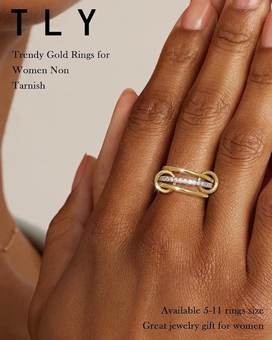 TLY Stackable Gold Rings for Women Non Tarnish 18K Gold Plated Interlocking Ring Stack Set Gold Silver Mixed Metal Statement Rings Dainty Cubic Zirconia CZ Fashion Connected Band Thumb Ring Size 4-11 Jewelry Gift for Women