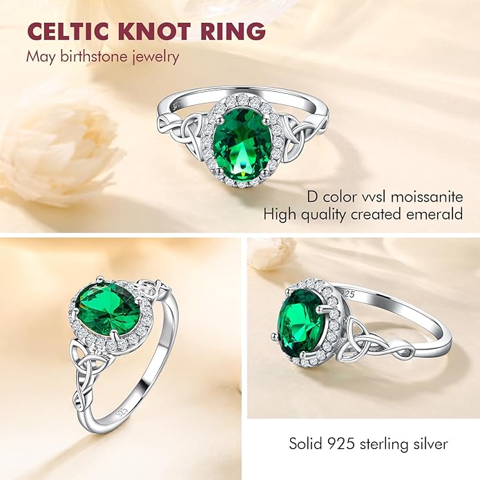 DAYBYDAY Celtic Birthstone Rings for Women 925 Sterling Silver Heart/Round/Pear/Oval Created Gemstone Moissanite Halo Engagement Promise Rings for Her Wife Birthday Anniversary Wedding Jewelry
