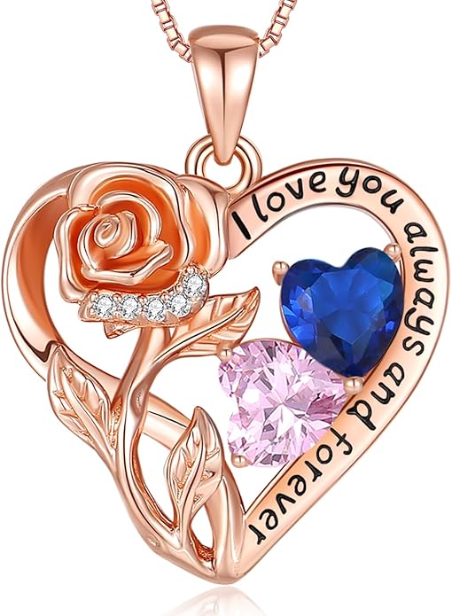 925 Sterling Silver Double Birthstone Rose Flower Heart Jewelry Necklaces for Women Anniversary Love Forever Necklaces for Her Birthday Gifts for Wife Girlfriend Mom Mothers Day Rose Gold