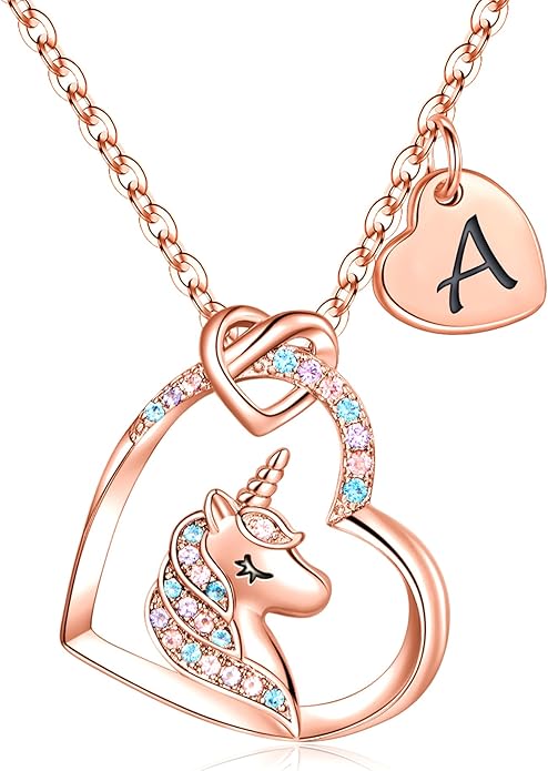 Hidepoo Unicorn Necklace Gifts for Girls Daughter - Colorful CZ Heart Pendant Initial Unicorn Necklaces for Girl Teens Little Girls Jewelry Birthday Gift