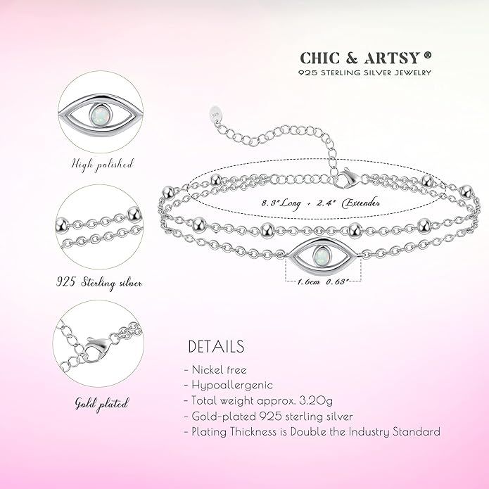 CHIC & ARTSY Womens Sterling Silver Created Opal Layered Anklet Bracelet Dainty Beaded Chain Adjustable 11" Best Friend Anklet