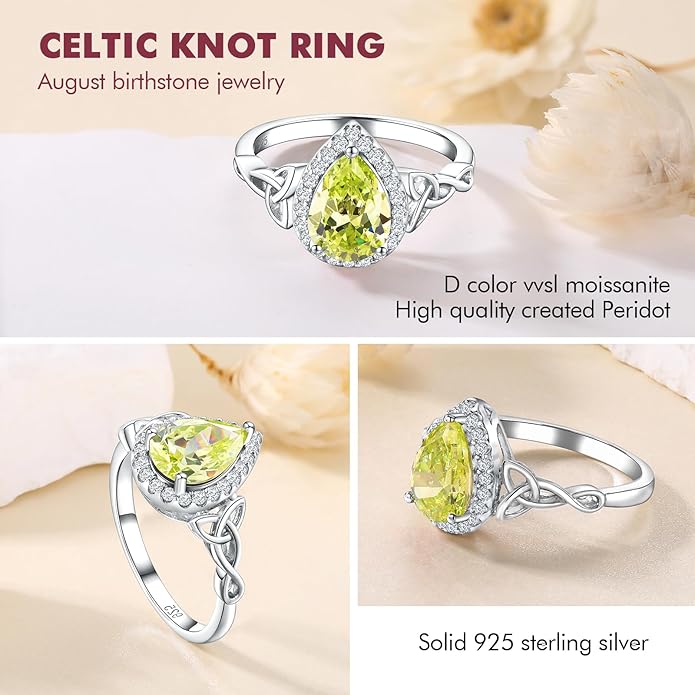 DAYBYDAY Celtic Birthstone Rings for Women 925 Sterling Silver Heart/Round/Pear/Oval Created Gemstone Moissanite Halo Engagement Promise Rings for Her Wife Birthday Anniversary Wedding Jewelry
