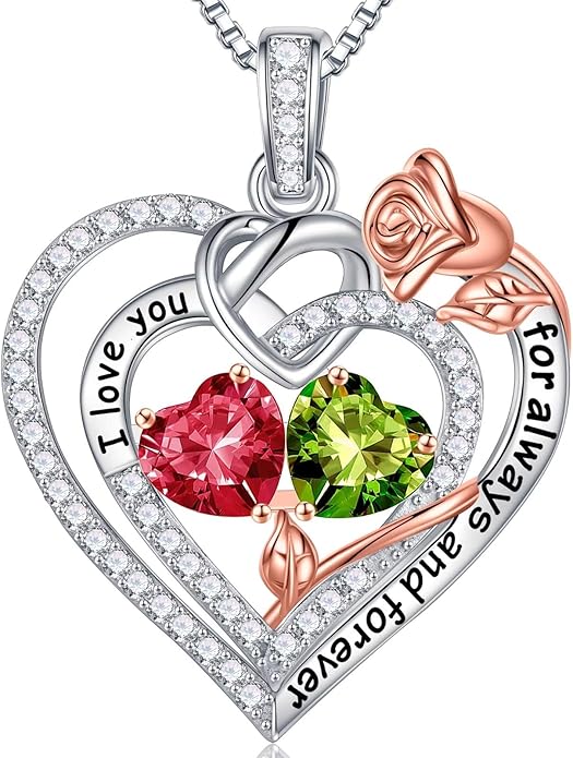 Iefil Rose Heart Necklace Gifts for Wife Women - 925 Sterling Silver Double Birthstone Necklace, Anniversary Birthday Gifts for Women, Jewelry Gift for Wife Girlfriend Mom Her