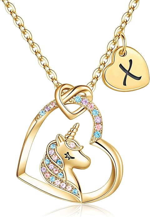 Hidepoo Unicorn Necklace Gifts for Girls Daughter - Colorful CZ Heart Pendant Initial Unicorn Necklaces for Girl Teens Little Girls Jewelry Birthday Gift