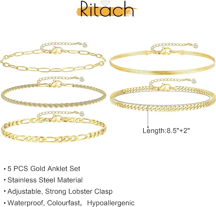 Ritach Ankle Bracelets for Women - Stainless Steel Silver/Gold Anklets for Women Waterproof Layered Cuban Link Figaro Chain Heart Anklets Set Summer Beach Jewelry Gifts