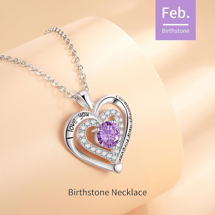 Heart Necklace, I Love You Always & Forever, Birthstone Cubic Zirconia Pendant, Gift for Women