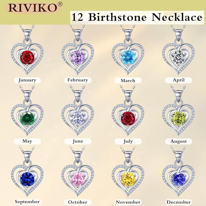 RIVIKO Heart Birthstone Pendant Necklace for Women 925 Sterling Silver Zirconia Necklaces Wedding Anniversary Birthday Mothers Day Jewelry Gifts For Her Mother Wife