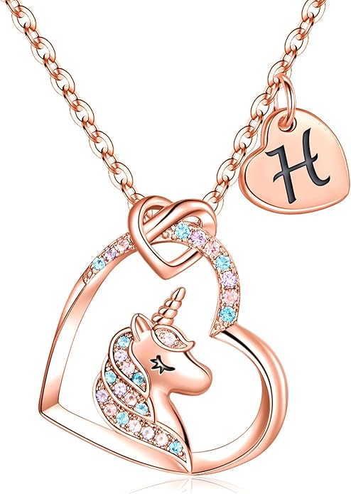 Hidepoo Unicorn Necklace Gifts for Girls Daughter - Colorful CZ Heart Pendant Initial Unicorn Necklaces for Girl Teens Little Girls Jewelry Birthday Gift