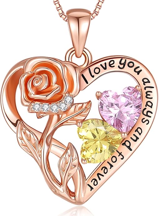 925 Sterling Silver Double Birthstone Rose Flower Heart Jewelry Necklaces for Women Anniversary Love Forever Necklaces for Her Birthday Gifts for Wife Girlfriend Mom Mothers Day Rose Gold