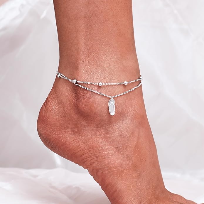 CHIC & ARTSY Womens Sterling Silver Created Opal Layered Anklet Bracelet Dainty Beaded Chain Adjustable 11" Best Friend Anklet