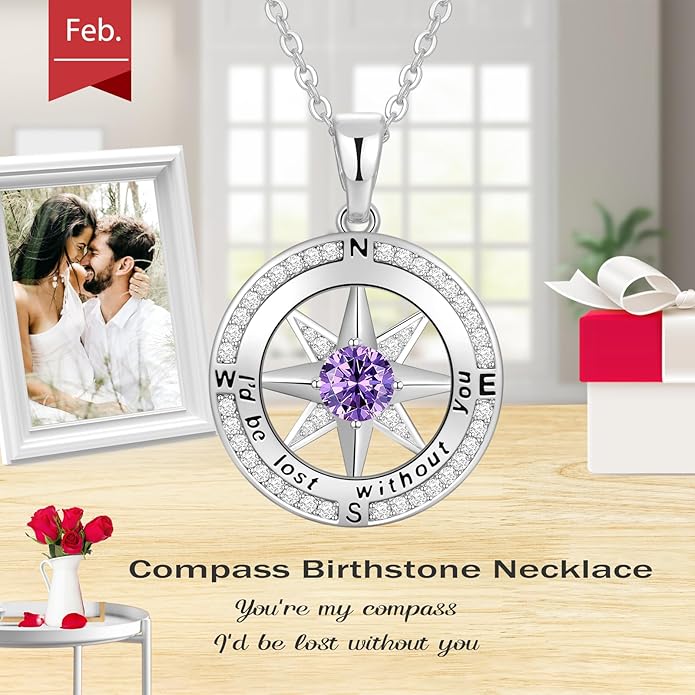 Peeshow Gifts for Women Wife-Compass Birthstone Necklace Gift for Wife Birthday Wedding Anniversary Women Jewelry for Her Girlfriend S925 Sterling Silver
