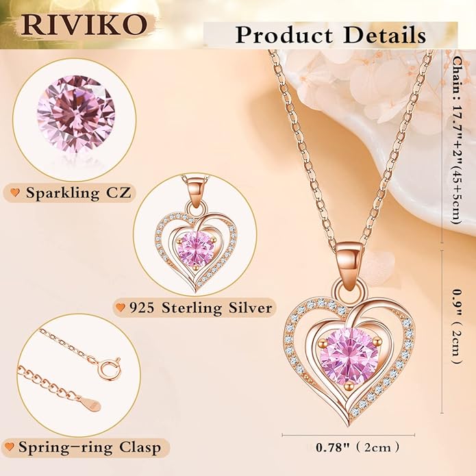 RIVIKO Heart Birthstone Pendant Necklace for Women 925 Sterling Silver Zirconia Necklaces Wedding Anniversary Birthday Mothers Day Jewelry Gifts For Her Mother Wife