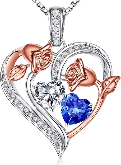 Iefil Birthstone Necklace for Women - 925 Sterling Silver Rose Heart Necklace, Birthstone Jewelry, Anniversary Birthday Gifts for Wife Girlfriend Mom Daughter