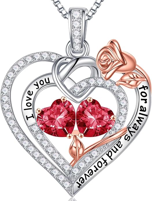 Iefil Rose Heart Necklace Gifts for Wife Women - 925 Sterling Silver Double Birthstone Necklace, Anniversary Birthday Gifts for Women, Jewelry Gift for Wife Girlfriend Mom Her