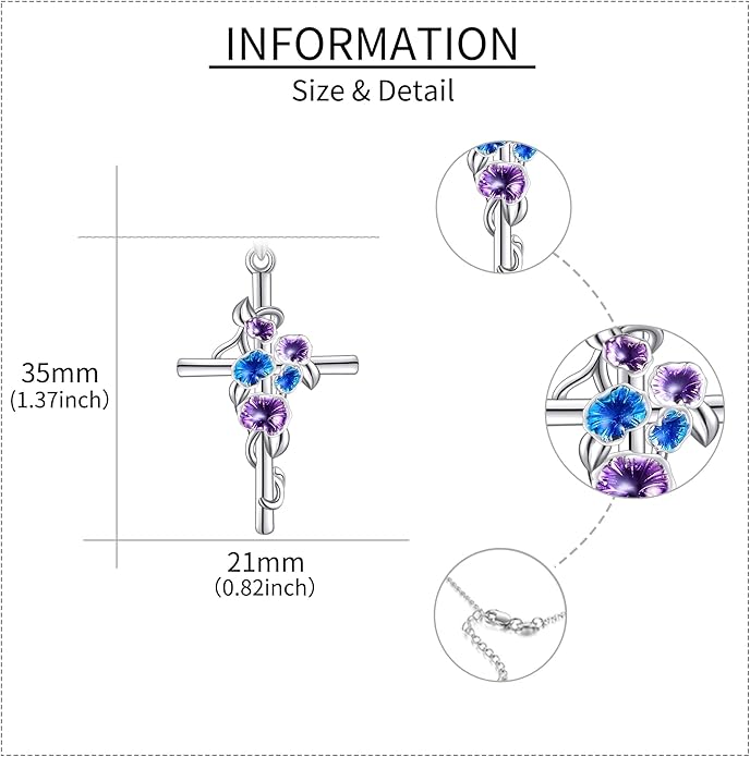 Flower Cross Necklace 925 Sterling Silver Carnation/Rose/Lily/Daisy Cross Necklace Birth Flower Jewelry for Women