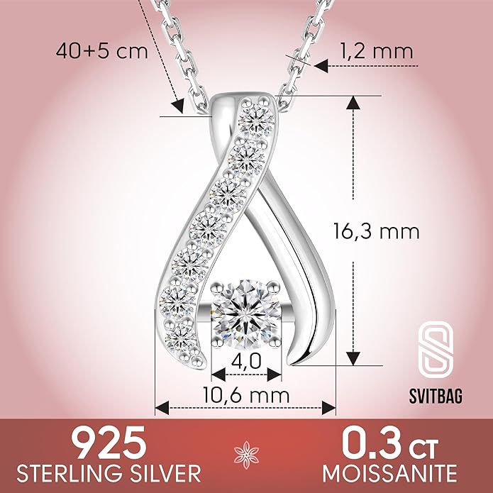Sterling Silver Moissanite Pendant Necklace, 0.3 CT Center Stone, Curved Design with Crystal Accents