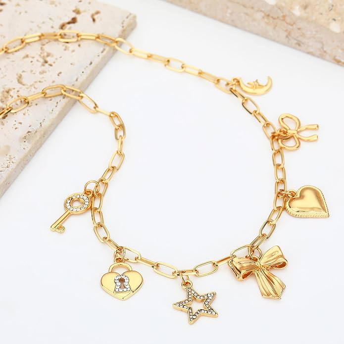 Charm Necklace for Women Gold Evil Eye Sun Moon Flower Coin Pendant Necklace Dainty Paperclip Chain Vintage Luck Amulet Choker Necklaces Celestial Jewelry Gift