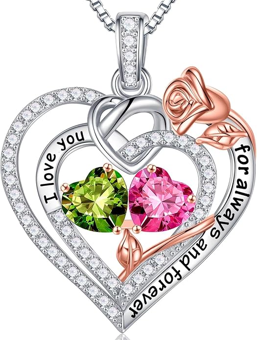 Iefil Rose Heart Necklace Gifts for Wife Women - 925 Sterling Silver Double Birthstone Necklace, Anniversary Birthday Gifts for Women, Jewelry Gift for Wife Girlfriend Mom Her