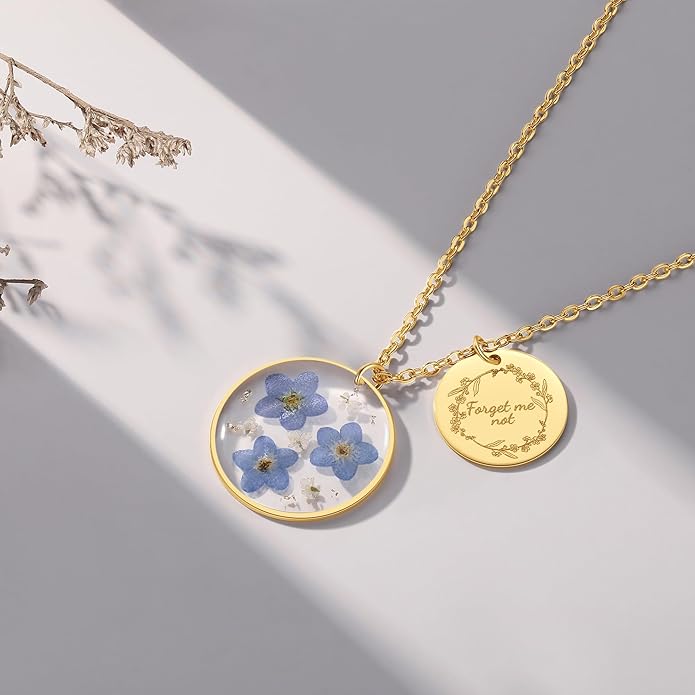 Forget-Me-Not and Queen Anne's Lace Pressed Wildflower Necklace | Birth Month Real Flower Necklace | Gold/Silver Pressed Flower Jewelry | Personalized Handmade Jewelry
