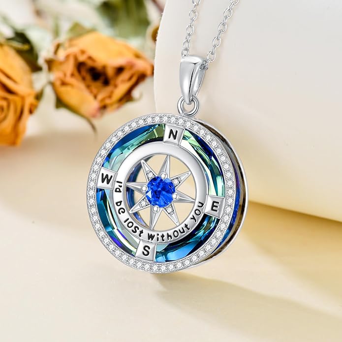 TOUPOP Compass Necklace for Women 925 Sterling Silver I'd be Lost without You Compass Pendant Birthstone Necklaces Anniversary Jewelry Birthday Gift for Girlfriend Wife Graduation Gifts for Her Daugthter