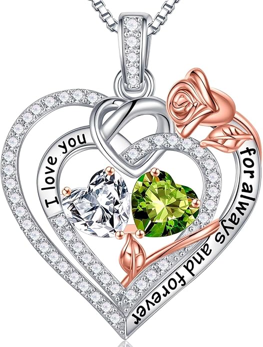 Iefil Rose Heart Necklace Gifts for Wife Women - 925 Sterling Silver Double Birthstone Necklace, Anniversary Birthday Gifts for Women, Jewelry Gift for Wife Girlfriend Mom Her