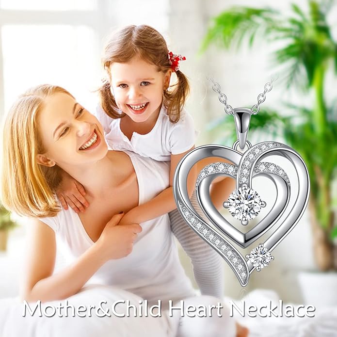Necklace Gifts for Mom, Mother Child Moissanite Diamond Necklace, 18K White Gold Plated Silver Mother Daughter Heart Pendant Necklace for Women Mom Jewelry Gift for Her Mother Mom Grandma, 18+2 Inch