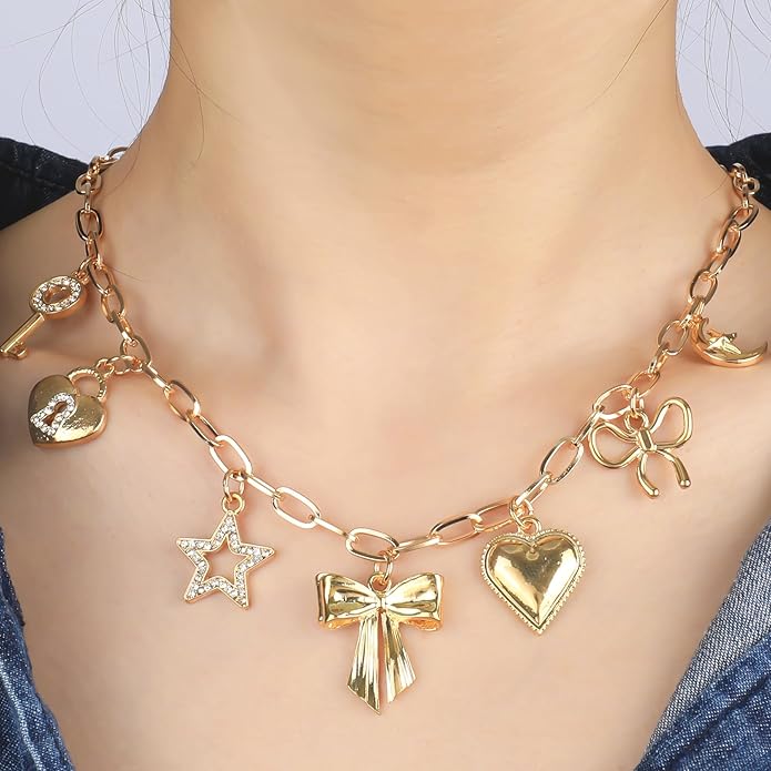 Charm Necklace for Women Gold Evil Eye Sun Moon Flower Coin Pendant Necklace Dainty Paperclip Chain Vintage Luck Amulet Choker Necklaces Celestial Jewelry Gift