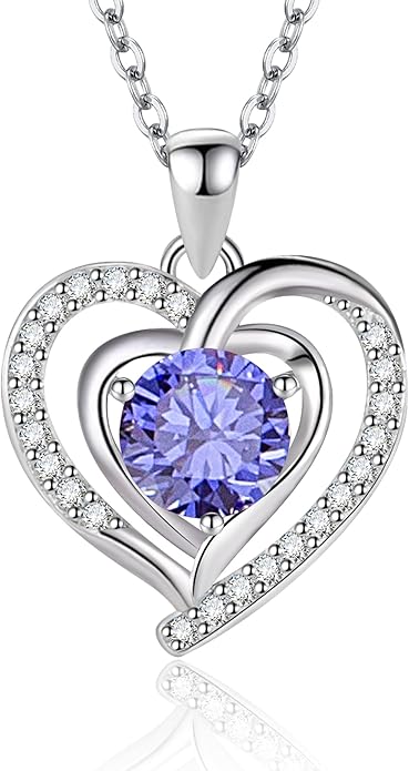 Heart Necklace, I Love You Always & Forever, Birthstone Cubic Zirconia Pendant, Gift for Women