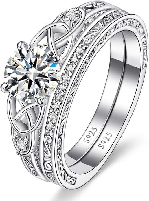 Vintage Celtic Knot Women's Engagement Ring Sets 925 Sterling Silver/14K Gold Plated Stackable Wedding Bands Rings AAAAA Cubic Zirconia Women Bridal Sets Wedding Ring Band Width 1.8mm Size 5-9