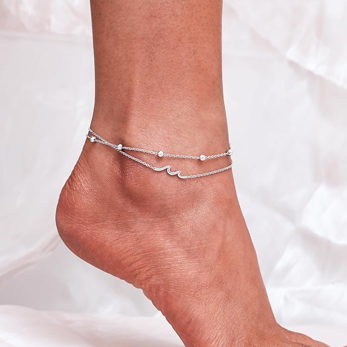 CHIC & ARTSY Womens Sterling Silver Created Opal Layered Anklet Bracelet Dainty Beaded Chain Adjustable 11" Best Friend Anklet