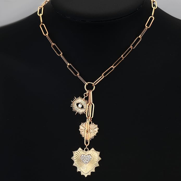 Charm Necklace for Women Gold Evil Eye Sun Moon Flower Coin Pendant Necklace Dainty Paperclip Chain Vintage Luck Amulet Choker Necklaces Celestial Jewelry Gift