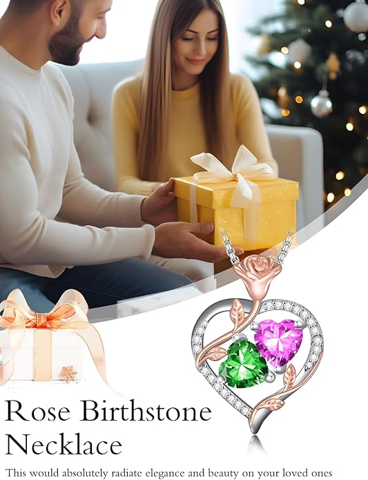 Jewelry for Her Double Heart Rose Birthstone Pendant Necklace Anniversary Jewelry Christmas Birthday Gifts for Women Wife Girlfriend