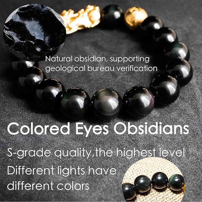 24K Gold Plated PiXiu Dragon Bracelet Feng Shui Bracelet, Obsidian Bracelet Dragon Protection for Men Women, Meditation Prayer Beads Bracelets Meaning to Attract Wealth and Good Luck(12mm)