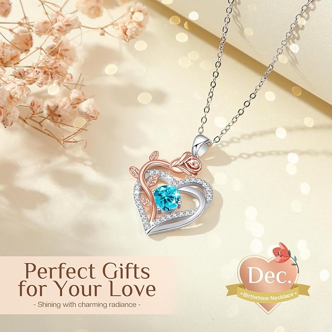 moshen Rose Heart Necklace for Women,925 Sterling Silver Birthstone Pendant - Gift for Women on Valentine's Day, Birthday, Christmas, Anniversary, Mather's Day (12-December-Blue Zirconia)