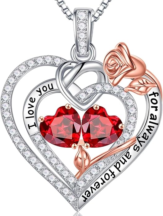 Iefil Rose Heart Necklace Gifts for Wife Women - 925 Sterling Silver Double Birthstone Necklace, Anniversary Birthday Gifts for Women, Jewelry Gift for Wife Girlfriend Mom Her
