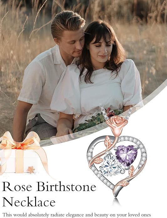 Jewelry for Her Double Heart Rose Birthstone Pendant Necklace Anniversary Jewelry Christmas Birthday Gifts for Women Wife Girlfriend