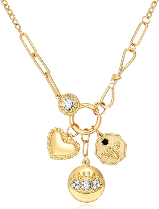 Charm Necklace for Women Gold Evil Eye Sun Moon Flower Coin Pendant Necklace Dainty Paperclip Chain Vintage Luck Amulet Choker Necklaces Celestial Jewelry Gift