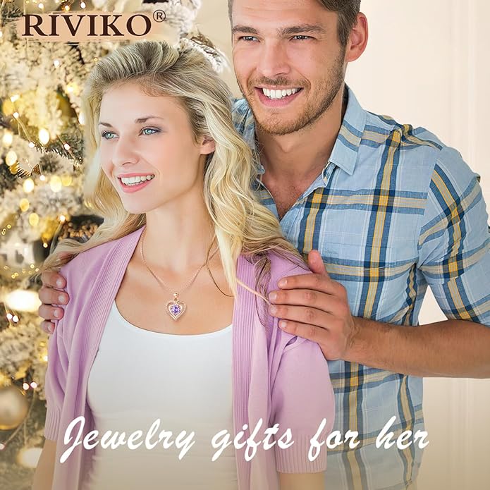 RIVIKO Heart Birthstone Pendant Necklace for Women 925 Sterling Silver Zirconia Necklaces Wedding Anniversary Birthday Mothers Day Jewelry Gifts For Her Mother Wife