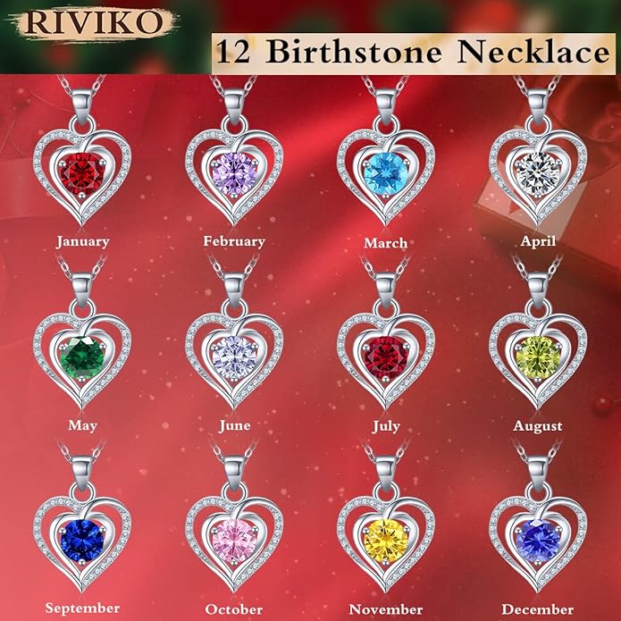 RIVIKO Heart Birthstone Pendant Necklace for Women 925 Sterling Silver Zirconia Necklaces Wedding Anniversary Birthday Mothers Day Jewelry Gifts For Her Mother Wife
