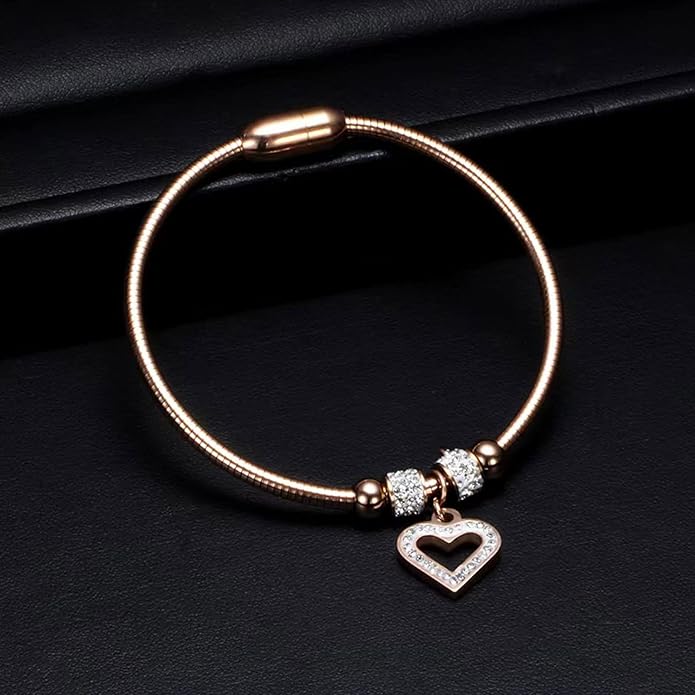 KunBead Heart Charm Birthday Bracelet Stainless Steel Love Bangle Cuff Jewelry Bracelets for Women