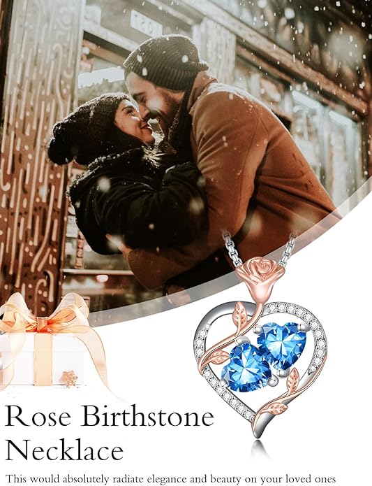 Jewelry for Her Double Heart Rose Birthstone Pendant Necklace Anniversary Jewelry Christmas Birthday Gifts for Women Wife Girlfriend