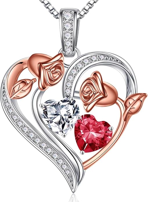 Iefil Birthstone Necklace for Women - 925 Sterling Silver Rose Heart Necklace, Birthstone Jewelry, Anniversary Birthday Gifts for Wife Girlfriend Mom Daughter